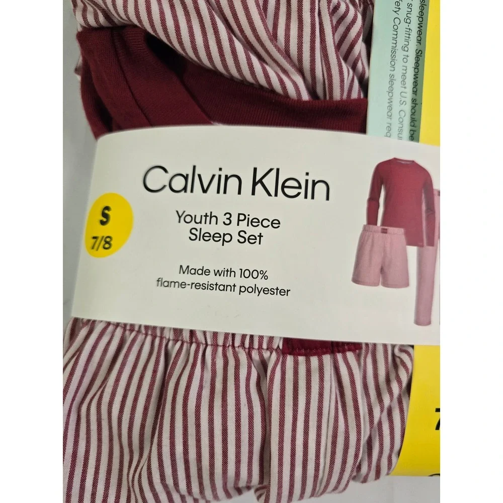 Calvin Klein Youth 3 Piece Sleep Set Tibetan Red Stripe Pajamas 7/8 1942380 NWT